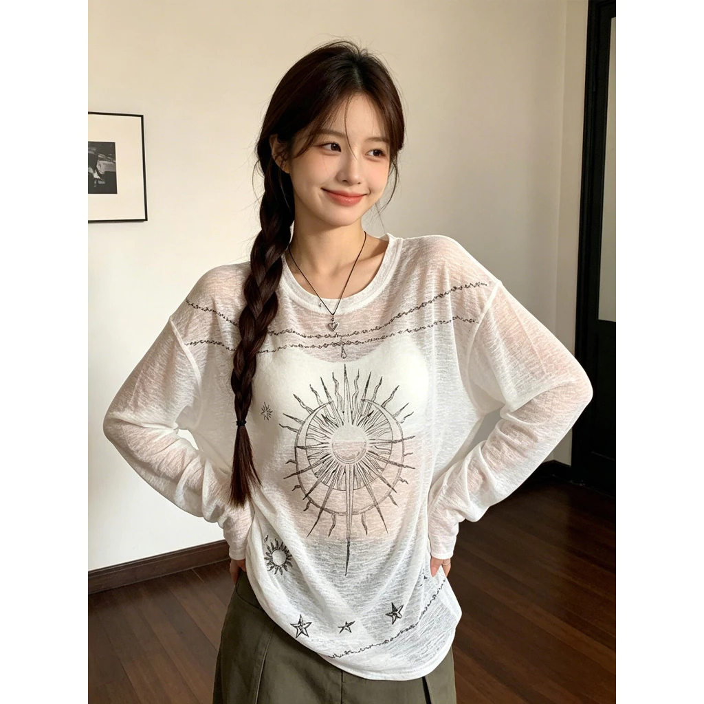 เสื้อยืดแขนยาว เสื้อคลุมกันแดด ลายดวงอาทิตย์ ทรงหลวม ใส่สบาย สไตล์เลชี #1502453