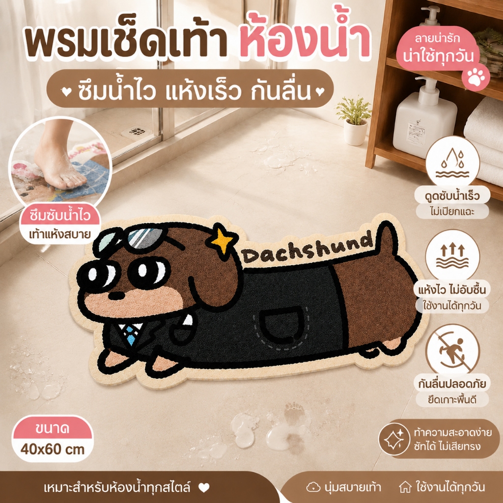 พรมห้องน้ำ กันลื่น ซึมซับน้ำดี แห้งเร็ว ขนาด 50x80CM ลายสุนัขการ์ตูนน่ารัก พรมตกแต่งหน้าห้องน้ำ