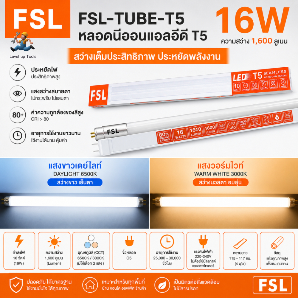 FSL หลอดไฟนีออน LED T5 16W หลอดยาว 116 cm. แสงสว่างสูง ประหยัดไฟ ใช้งานนาน
