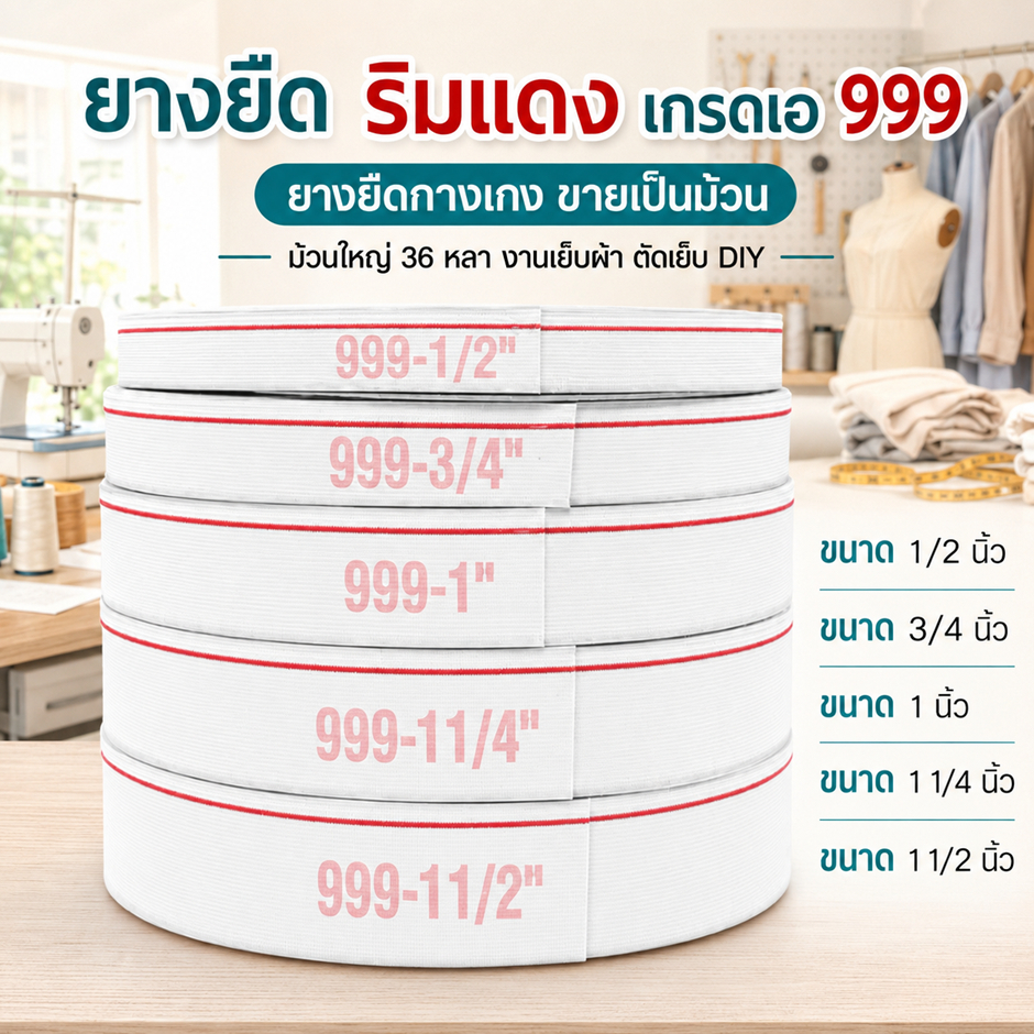 ยางยืด ริมแดง เกรดเอ 999 ยางยืดกางเกง ขายเป็นม้วน