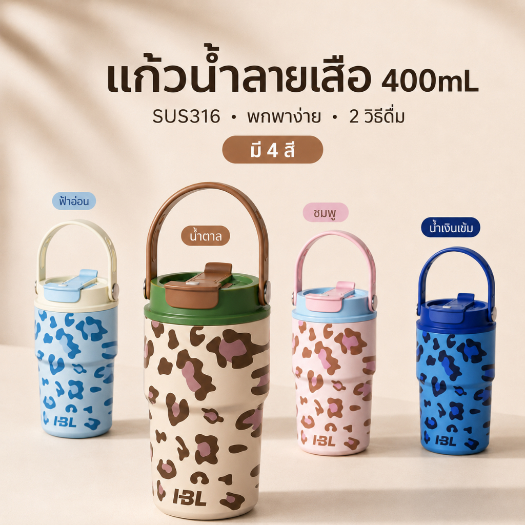 KokohFit แก้วน้ําเก็บความเย็น 316 เก็บความเย็น ขนาด 400ml ฉนวนกันความร้อน 12 ชั่วโมงถึง 24 ชั่วโมง ลายเสือดาว