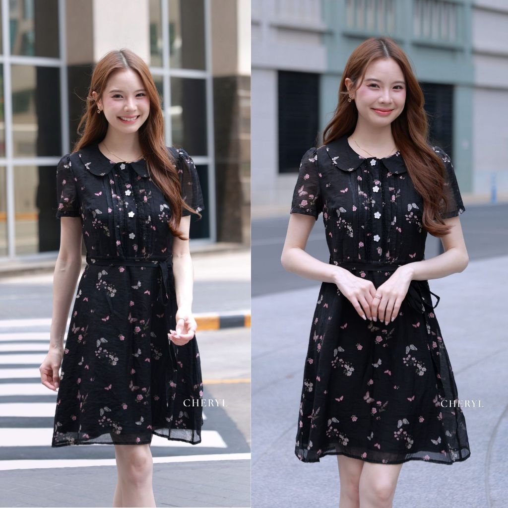 Cheryl brand - Rosie Floral Buttons Dress in Black Butterfly Print / เดรสสั้นลายพิมพ์ดอกไม้