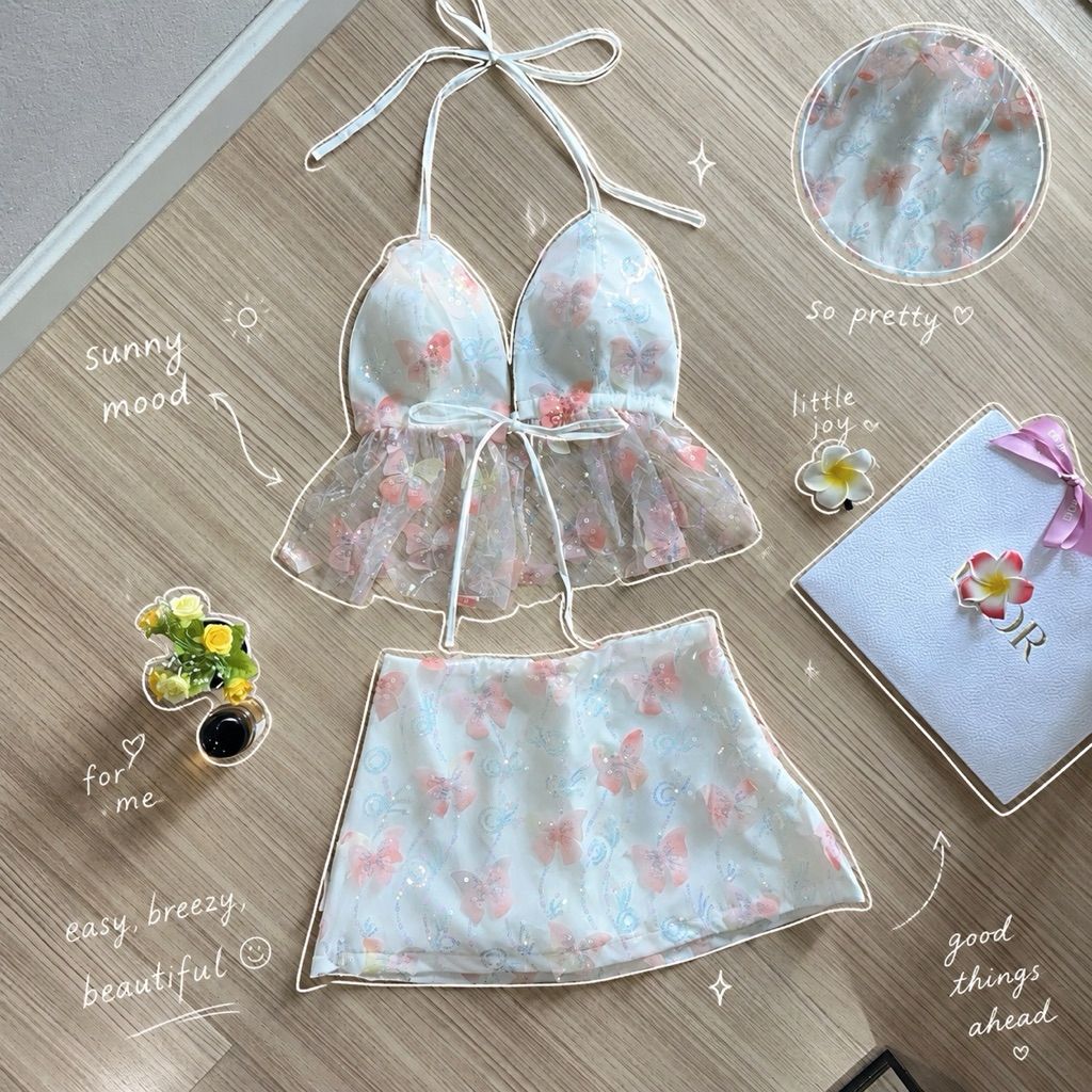 03​🦋 Set เสื้อ กระโปรงผีเสื้อ D เลื่อม