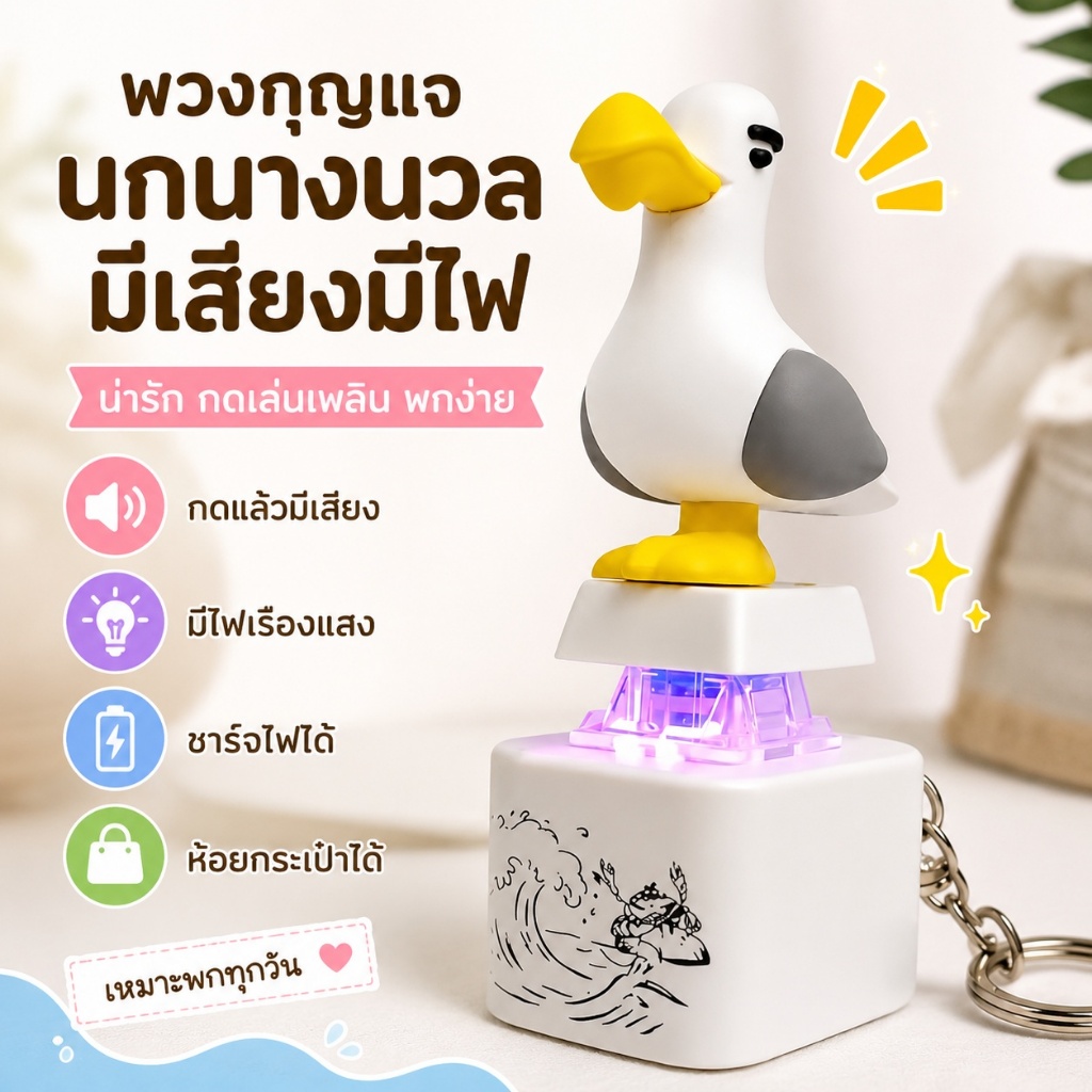 พวงกุญแจนกนางนวลมีเสียงมีไฟ ของเล่นกดคลายเครียด ชาร์จได้ ห้อยกระเป๋า ของขวัญน่ารัก