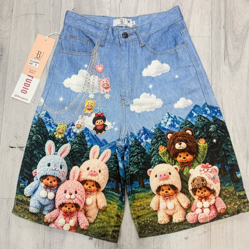 BACKUP BU8293 กางเกงยีนส์ 5 ส่วน พิมพ์ลาย 3D เต็มตัว ผ้ายีนส์ Cotton 100% ลายหมี Teddy และกระต่ายสไตล์ Kawaii