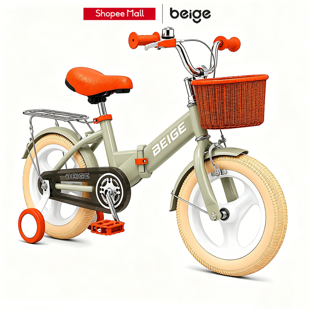 Beige จักรยานเด็ก รถจักรยานเด็ก 12 นิ้วผู้ชาย 2-16ขวบ ฟรีที่นั่งหลัง ตะกร้ารถ บังโคลน Children Bike