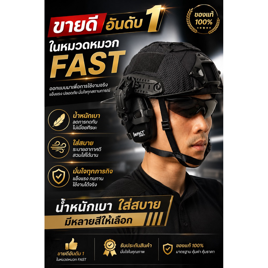 หมวกฟาสพร้อมราง (รุ่นปรับหลัง)  หมวกฟาส Fast Helmet แท้ | พร้อมรางข้าง + ฟองน้ำแน่น | น้ำหนักเบา
