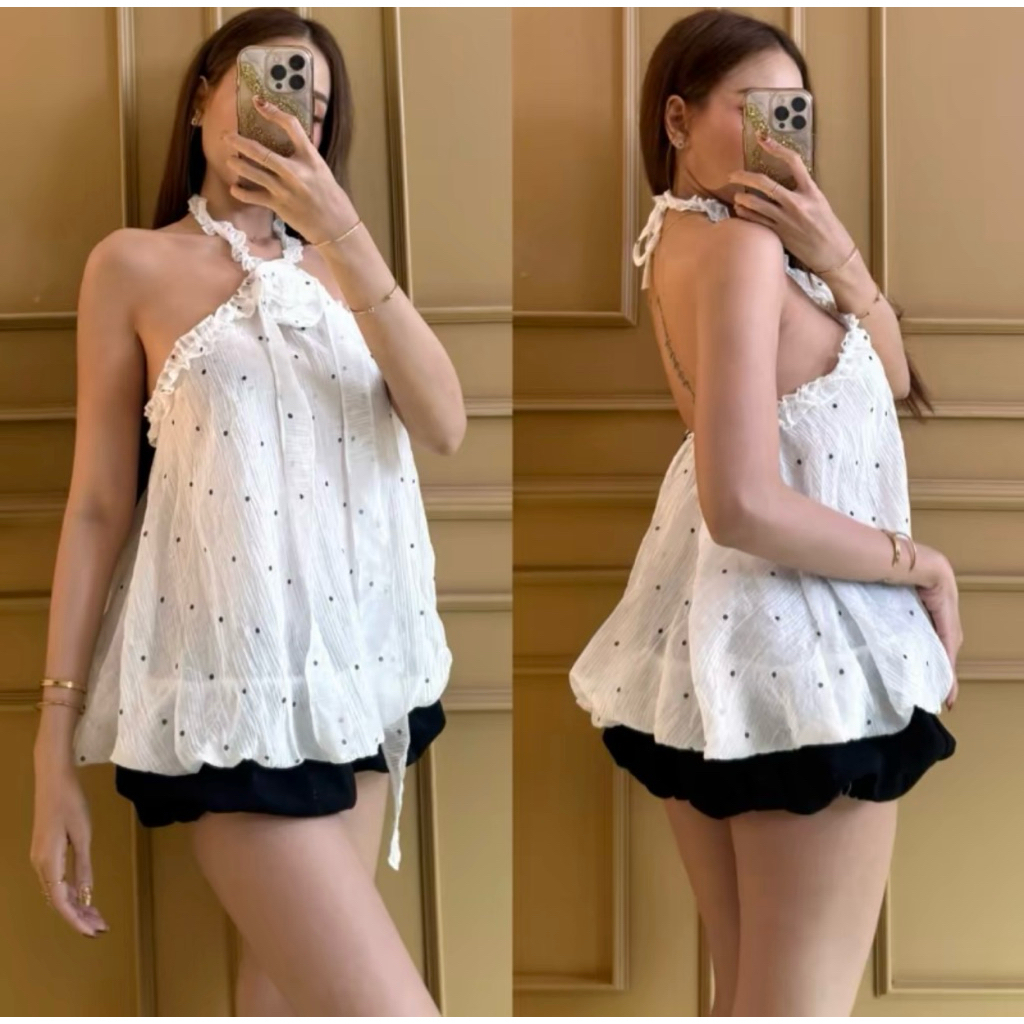 เซ็ตเสื้อคล้องคอ PKDที่มีการออกแบบแต่งกุหลาบ+พร้อมกางเกงทรงบอลลูน