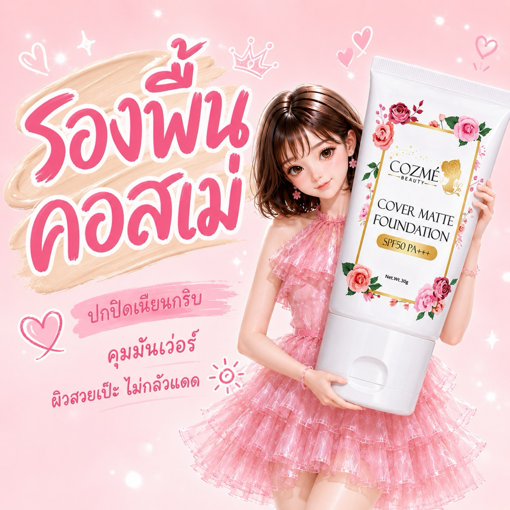 รองพื้นคอสเม่ Cosme Beauty Cover Matte Foundation SPF50 PA+++ รองพื้นแมทท์ คุมมัน ปกปิด กันน้ำ หน้าเ