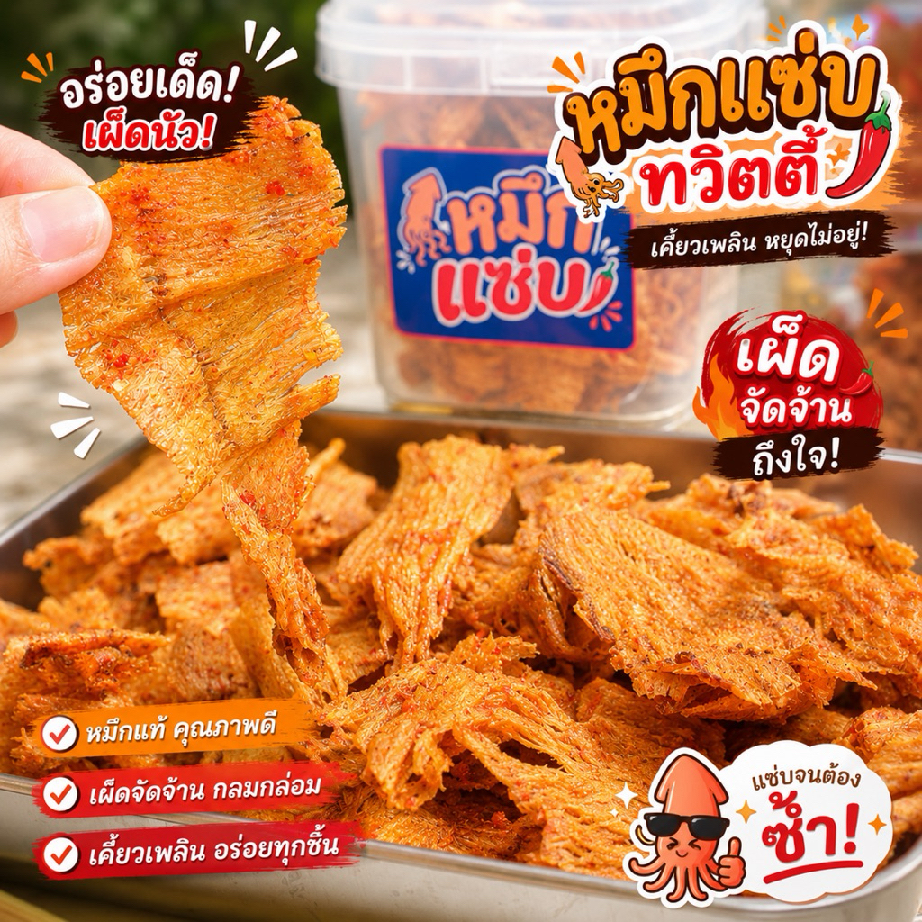 หมึกทวิสตี้ แซ่บนัว เคี้ยวเพลินหมึกแท้เต็มแผ่น ปรุงรสเข้มข้นถึงเนื้อทุกชิ้น