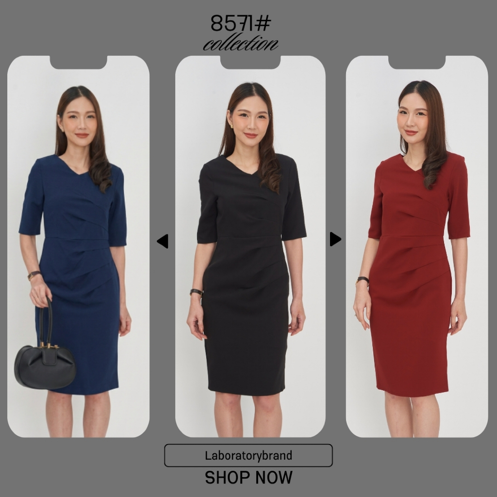 Laboratory 8571# เดรสคอวีแขนสามส่วน แต่งจีบข้าง มีไซส์ S-3XL