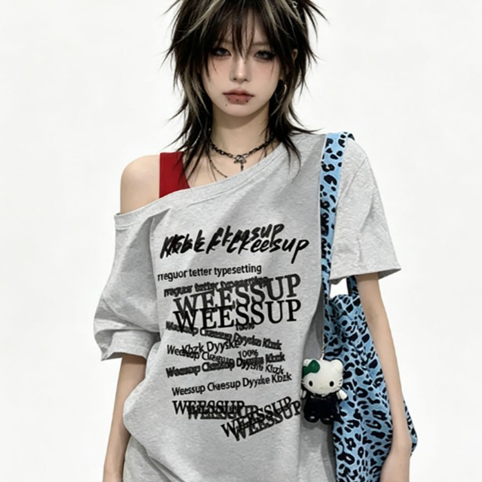 COD-ยูทูเคิล-สไตล์กลางๆ-เสื้อเชิ้ตผู้หญิง-การออกแบบไหล่แขนสั้น-ฤดูร้อนกระหายเลือด-ตัวอักษรไม่เรียบร้อย-ความรู้สึกขั้นสูง