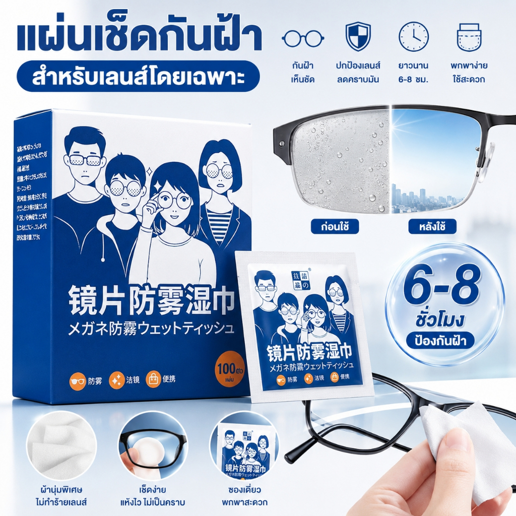 ผ้าเช็ดแว่นกันหมอก แว่นไม่เป็นฝ้าใส่หน้ากาก 100 แผ่น กันฝ้า 6-8 ชม. ซองเดี่ยว พกพาง่าย ไม่ทิ้งรอย กระจกรถ