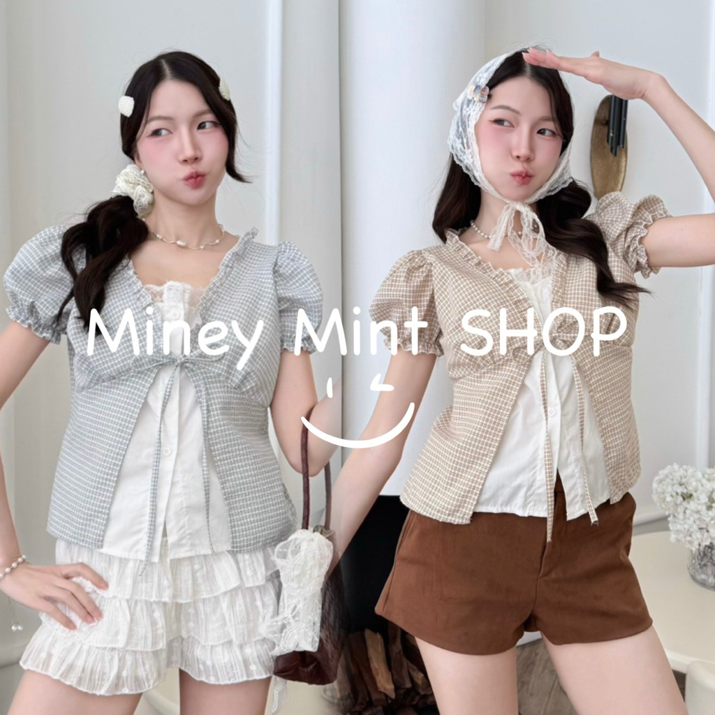 miniminey💕เสื้อตุ๊กตาผูกหน้าสองชั้น เนื้อผ้าข้างนอกเป็นลายสก็อตเล็กน่ารัก ผูกอก ส่วนด้านในจะเป็นผ้าคอตตอน 100%