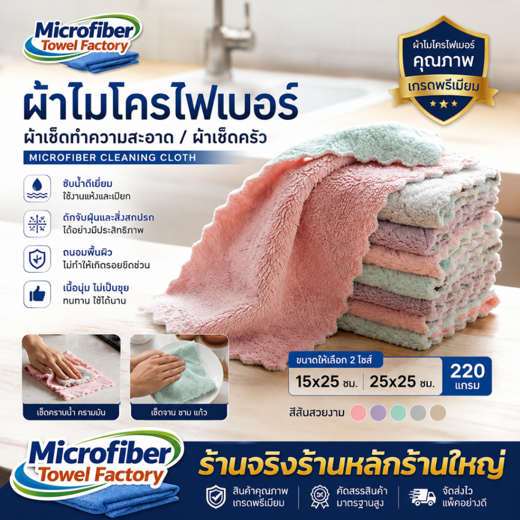 15x25 / 25x25 / 30x30cm ส่งไว ผ้าเช็ดโต๊ะ ผ้าเช็ดจาน ใช้ทำความสะอาดอเนกประสงค์ ซึมซับน้ำได้ดี ล้างออกง่าย