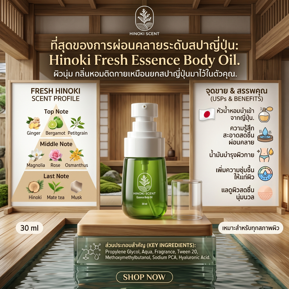[Hinoki] ฮิโนกิ บอดี้ออยล์ ออยล์บำรุงผิว กลิ่นหอมสะอาดจากญี่ปุ่น ติดทนนาน ขนาด 1 ขวด 30 ml.