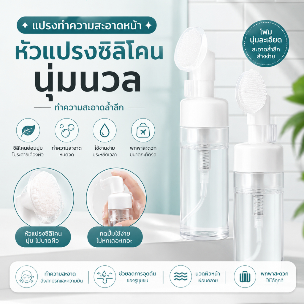 LEO-T ขวดปั๊มโฟมเปล่า30/60/100/150มล. 1ชิ้นขวดหัวแปรงซิลิโคนแบบกดขวดโฟมทำความสะอาดใบหน้า COD