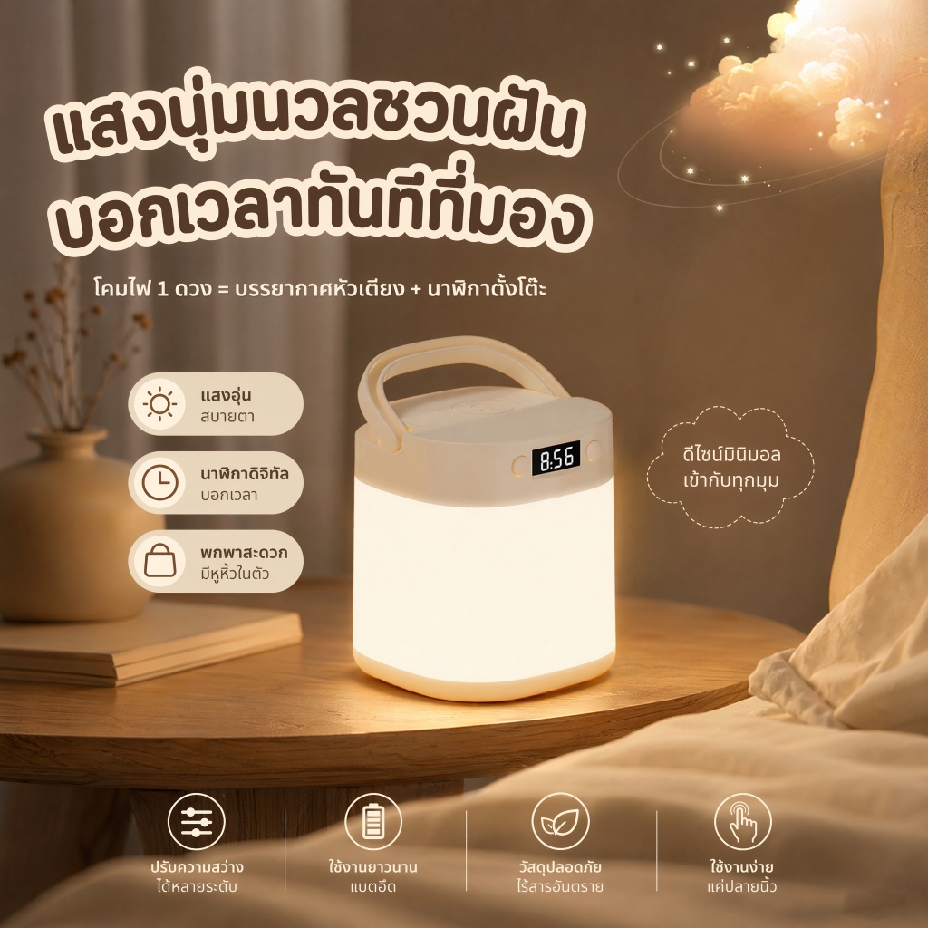 โคมไฟ โคมไฟไร้สาย แม่และเด็ก แสดงเวลา สัมผัส ปรับแสง 3 ระดับ แบต8ชม. ใช้ได้ทั้งบ้าน/แคมป์