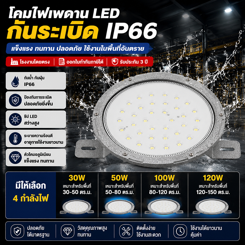 หลอดไฟ LED อุตสาหกรรม กันน้ำ 30W-120W เหมาะสำหรับใช้ในโกดัง ลานจอดรถ บริษัท สนามกีฬา และกลางแจ้ง ใช้ปลูกพืชได้ด้วย