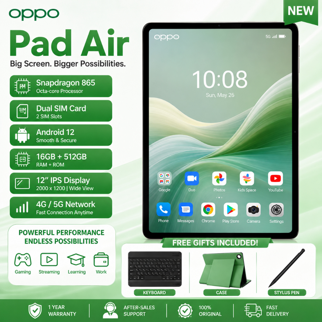 🔥 OPPO Pad Air 12" 16GB+512GB | แท็บเล็ต Android | รองรับ 4G/5G ใส่ซิม + WiFi | จอใหญ่ ใช้งานลื่น