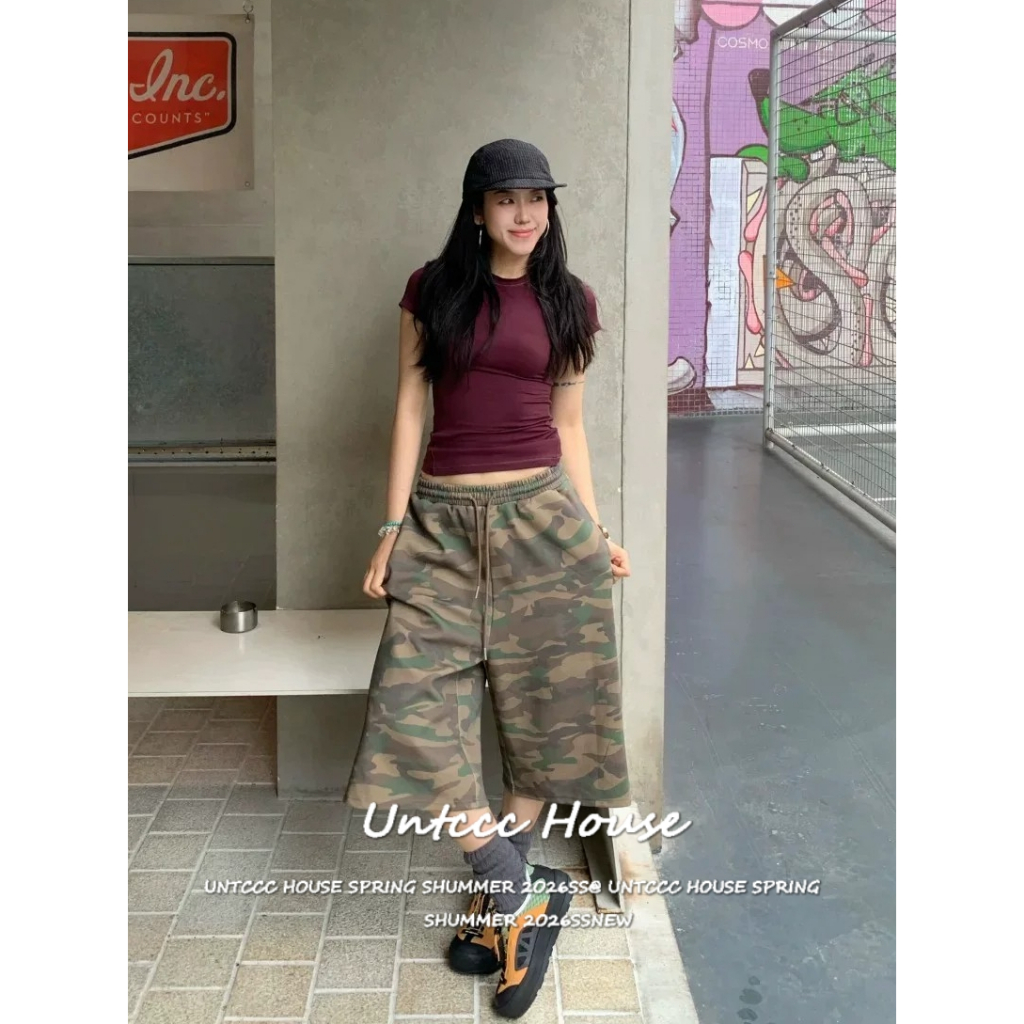 [Trendy Fashion Camo Print Cropped Sweat Pants]กางเกงขากว้าง7ส่วนลายพราง มีเชือกดึงเอว สบายตัวเหมาะแต่งตัวประจำวัน