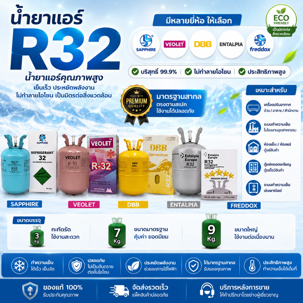 น้ำยาแอร์ R32 ขนาดบรรจุ 3KG-9.5KG มีหลายยี่ห้อ