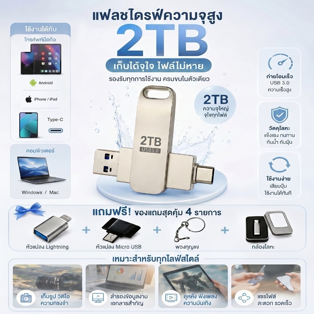 U Disk 2TB USB 3.0 ความเร็วสูง Type-C OTG สำหรับมือถือ แท็บเล็ต และคอมพิวเตอร์ เก็บข้อมูลได้มากกว่าเดิม