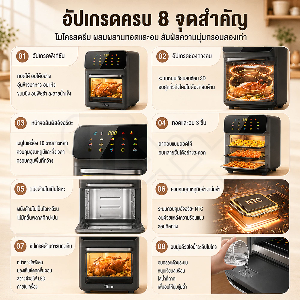 หม้อทอดไร้น้ำมัน 15L ความจุใหญ่ ใช้น้ำมันน้อย อบทอดได้หลายเมนู เหมาะสำหรับครอบครัว Tixx Air Fryer thumbnail 5
