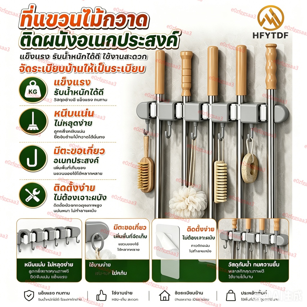 🔥 พร้อมส่ง 🔥ที่แขวนไม้กวาด ที่หนีบไม้ถูพื้น พร้อมตะขอ ติดผนังไม่ต้องเจาะ ประหยัดพื้นที่ เก็บไม้ถู-ไม้กวาด