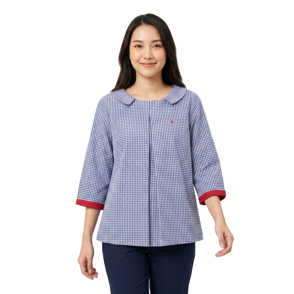 PORTLAND เสื้อเบลาซ์ลายตาราง แต่งปลายแขน สีกรมท่า / Gingham Peter Pan Collar 3/4 Sleeve Blouse (Navy)