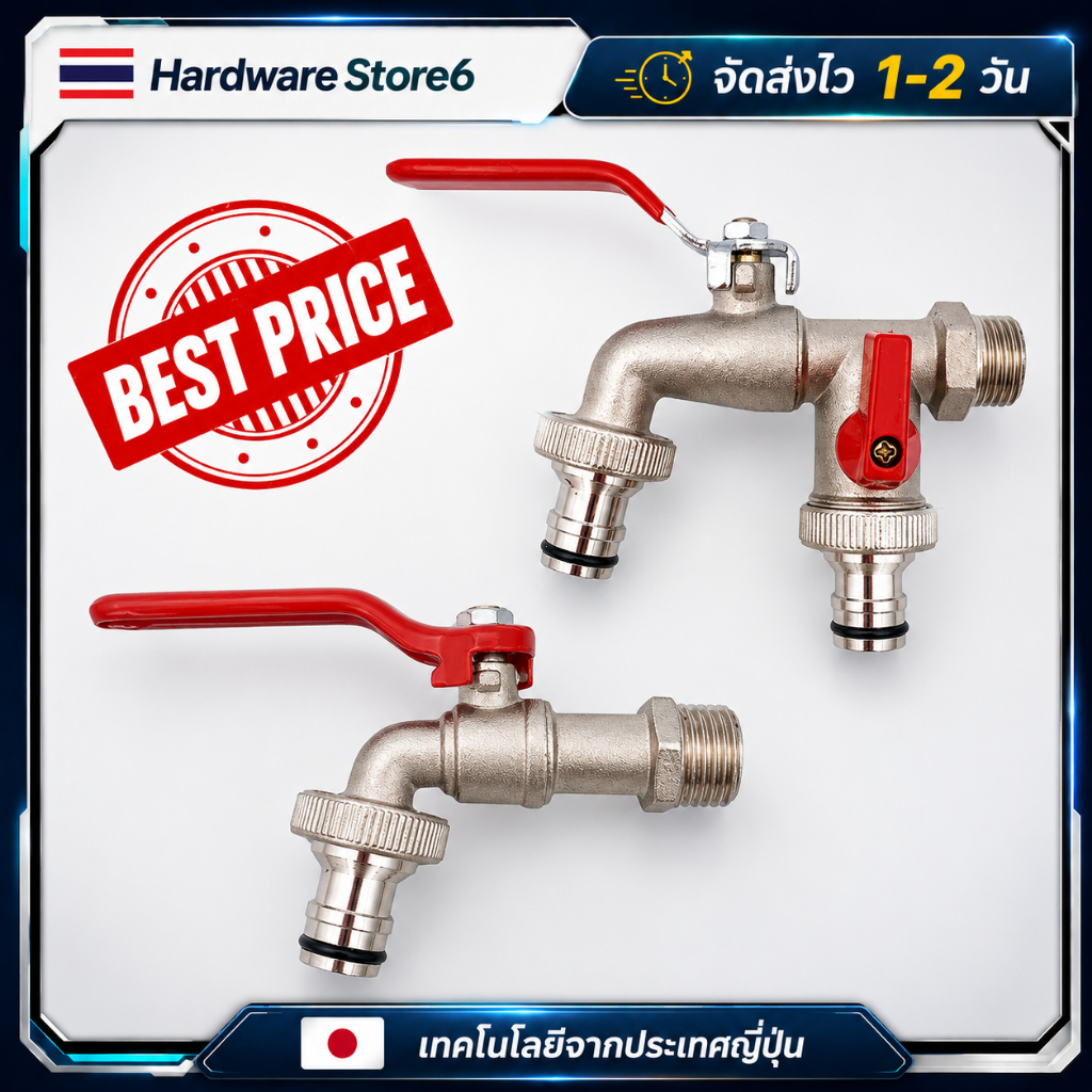 Hardware Store6 จัดส่งภายใน 24 ชม. COD ก๊อกสนาม 2 ทาง ขนาด 1/2 นิ้ว ต่อสายยางได้ 2 จุด เปิดปิดง่าย ทนทาน ไม่รั่ว ใช้คุ้ม