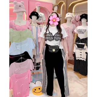 ชุดเซตเสื้อแต่งลูกไม้+กางเกงแต่งแถบ 🐰🌸อก34-46 เอว30-40 สพ50