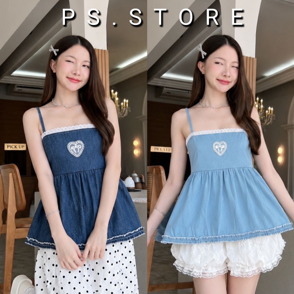 Heartbeat : เสื้อสายเดี่ยวยีนส์แต่งขอบลูกไม้ ปักใจตรงอก สายปรับได้