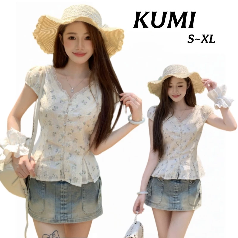 KUMI 🧚‍♀️พร้อมส่ง🧚‍♀️ เสื้อเชิ้ตแขนสั้นลูกไม้ คอวี สไตล์ฝรั่งเศส ทรงกระชับเอว ใส่แล้วดูผม ทรงเข้ารูป หรูเริ่ดเซ็กซี่แฟชั