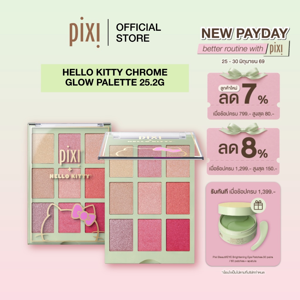 Pixi Hello Kitty Chrome Glow Palette +เฮลโล คิทตี้ อาย เอ็ฟเฟคท์ แชโดว์ พาเลท หน้าและตา สี Charming Glow 25.2g
