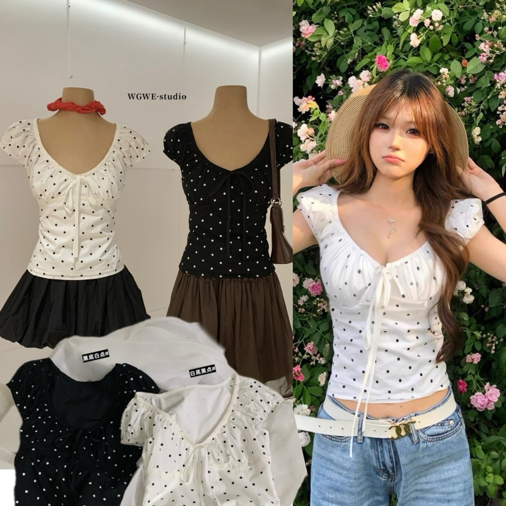 9916# เสื้อคอวีลาย polka dot งานซิปข้าง เนื้อผ้าดี งานสวย TAG:WG.WE 🇰🇷