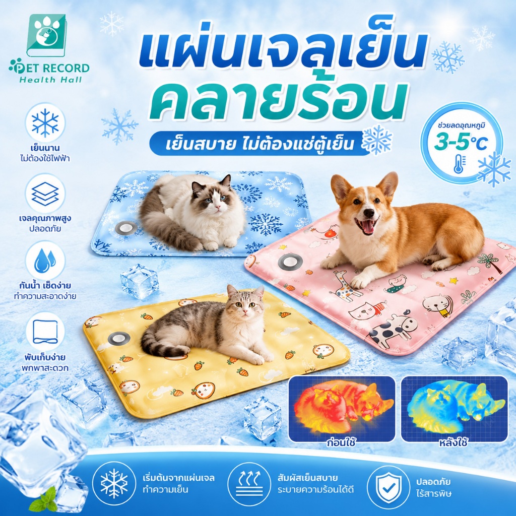 PET RECORD แผ่นเจลเย็นสัตว์เลี้ยง สำหรับแมวสุนัข -12℃ นุ่ม ทำความสะอาดง่าย พับได้