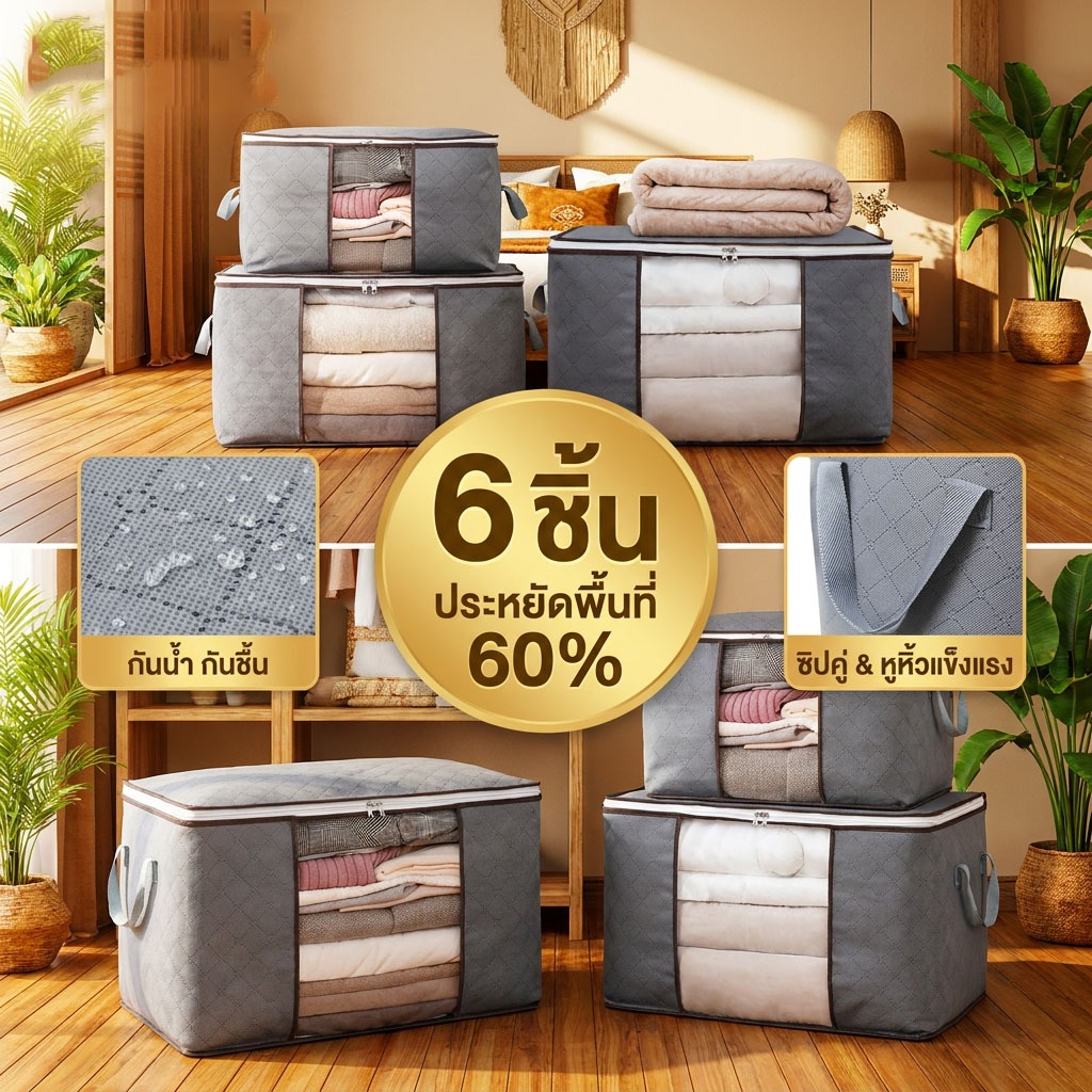 ถุงเก็บของ ถุงเก็บผ้าห่ม ถุงเก็บเสื้อผ้า 6ชิ้น/ชุด กันน้ำกันชื้น หน้าต่างใส ซิปคู่ จุใหญ่ ผ้าไม่ทอหนา สำหรับจัดระเบียบตู