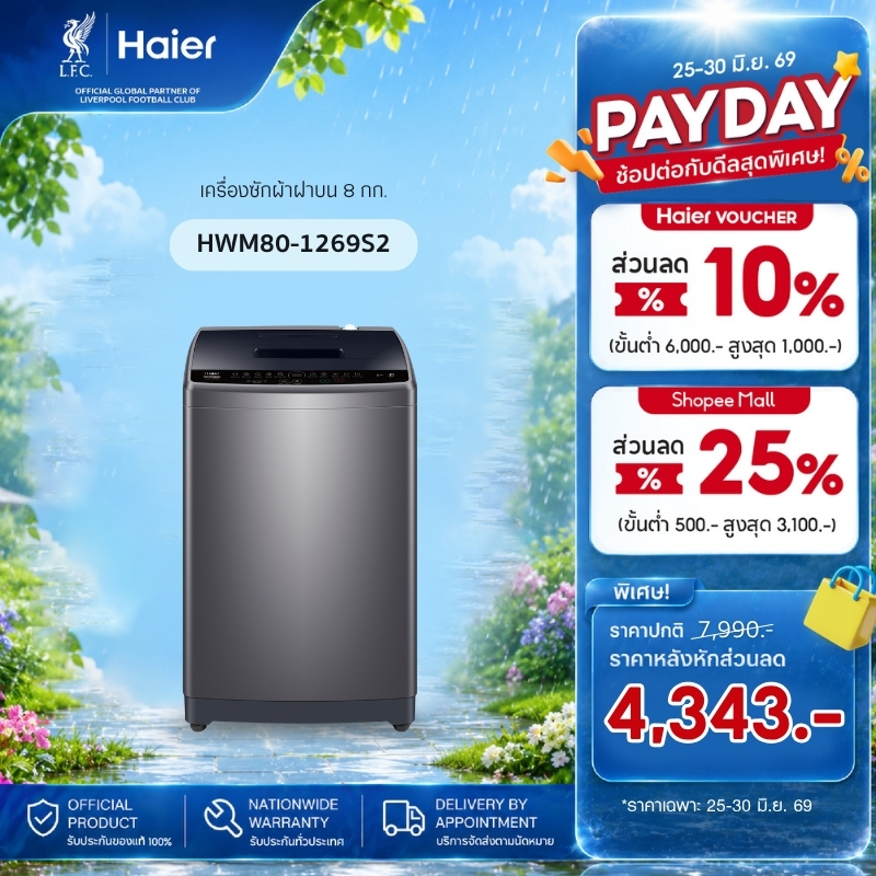 Haier เครื่องซักผ้าฝาบนอัตโนมัติ ความจุ 8 kg รุ่น HWM80-1269S2