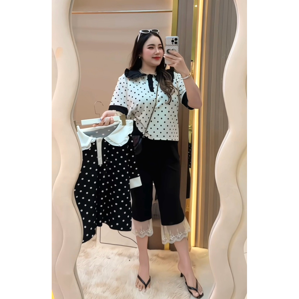 ✅SETเสื้อคอบัวจุดทุโทน+กางเกงปลายขาลูกไม้✅(พ5+ก66)#สาวอวบ