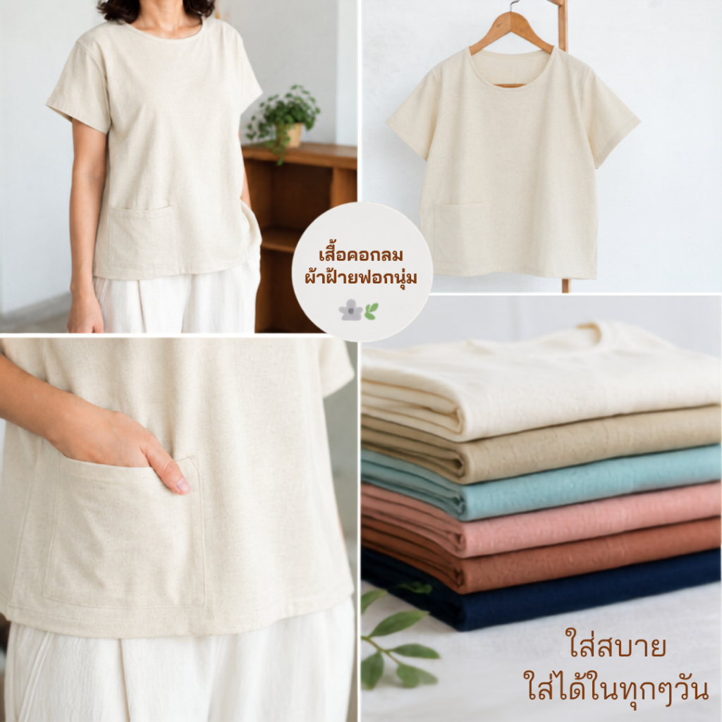 เสื้อคอกลมผ้าฝ้ายไทย เสื้อลายดอก สไตล์มินิมอล  มีกระเป๋าเสื้อทุกตัว