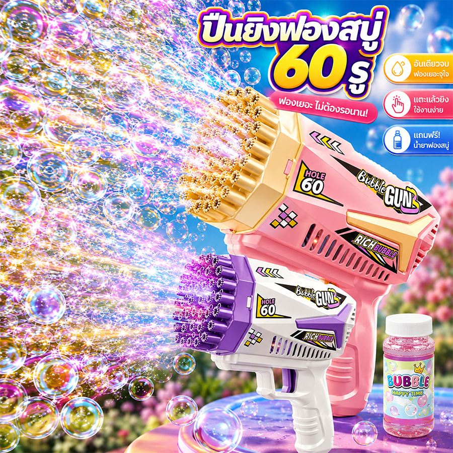 ปืนเป่าฟอง 60 รู ไฟ LED อัตโนมัติ ทำฟองเยอะ แถมน้ำยาฟอง Bubble Gun