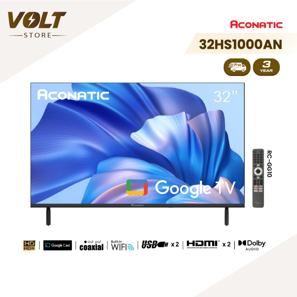 Aconatic ทีวี 32 นิ้ว LED HD Google TV รุ่น 32HS1000AN Netflix,Youtube,Frameless Design, Dolby Audio