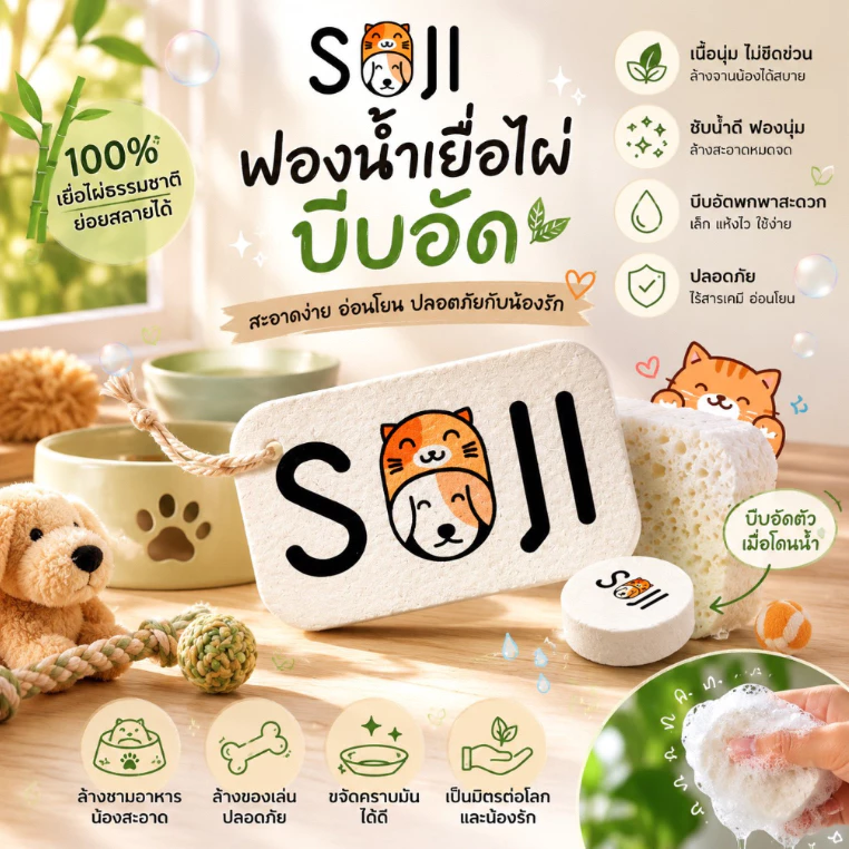 SOJI ฟองน้ำเยื่อไผ่บีบอัด ล้างจานชามสัตว์เลี้ยง ของเล่น อุปกรณ์