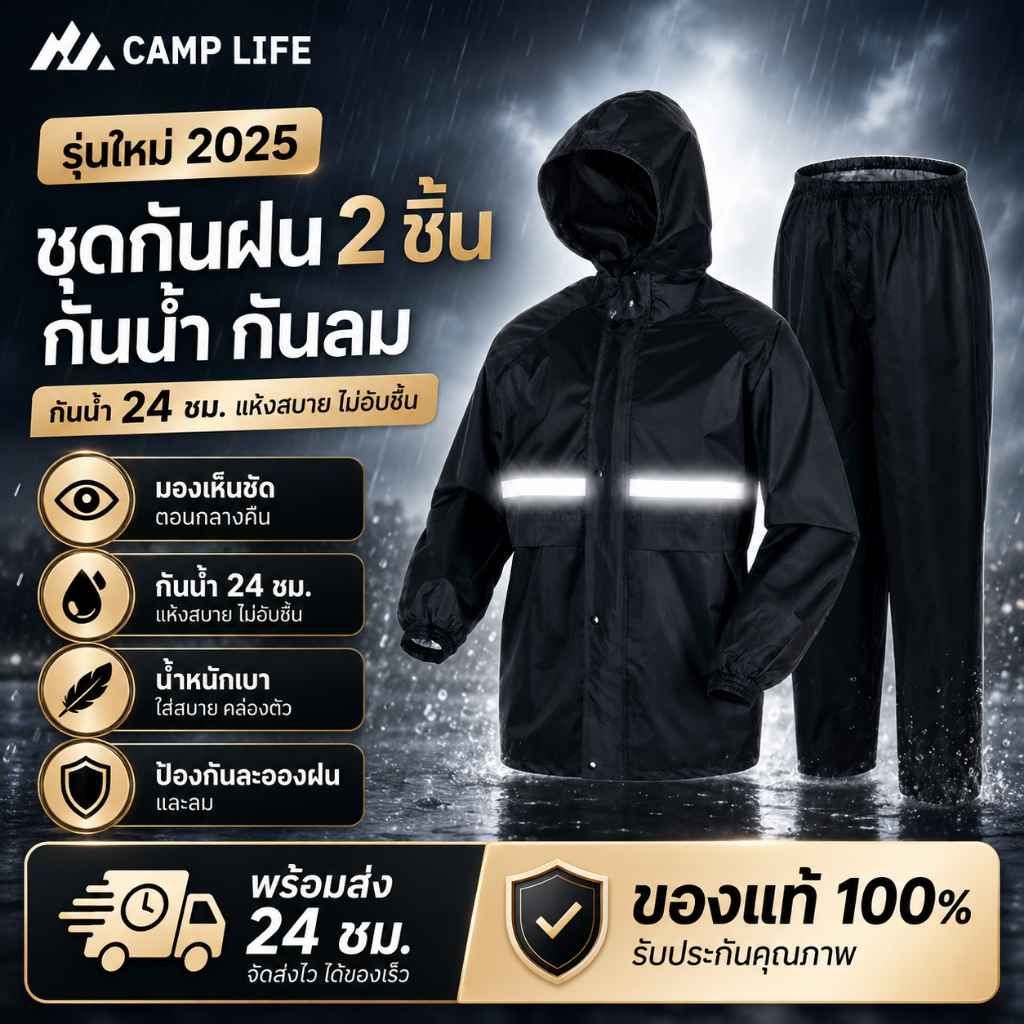 CAMP LIFE ชุดกันฝน 2 ชิ้น เสื้อกันฝนพร้อมกางเกง กันน้ำ 24 ชม. มีแถบสะท้อนแสง พร้อมส่ง