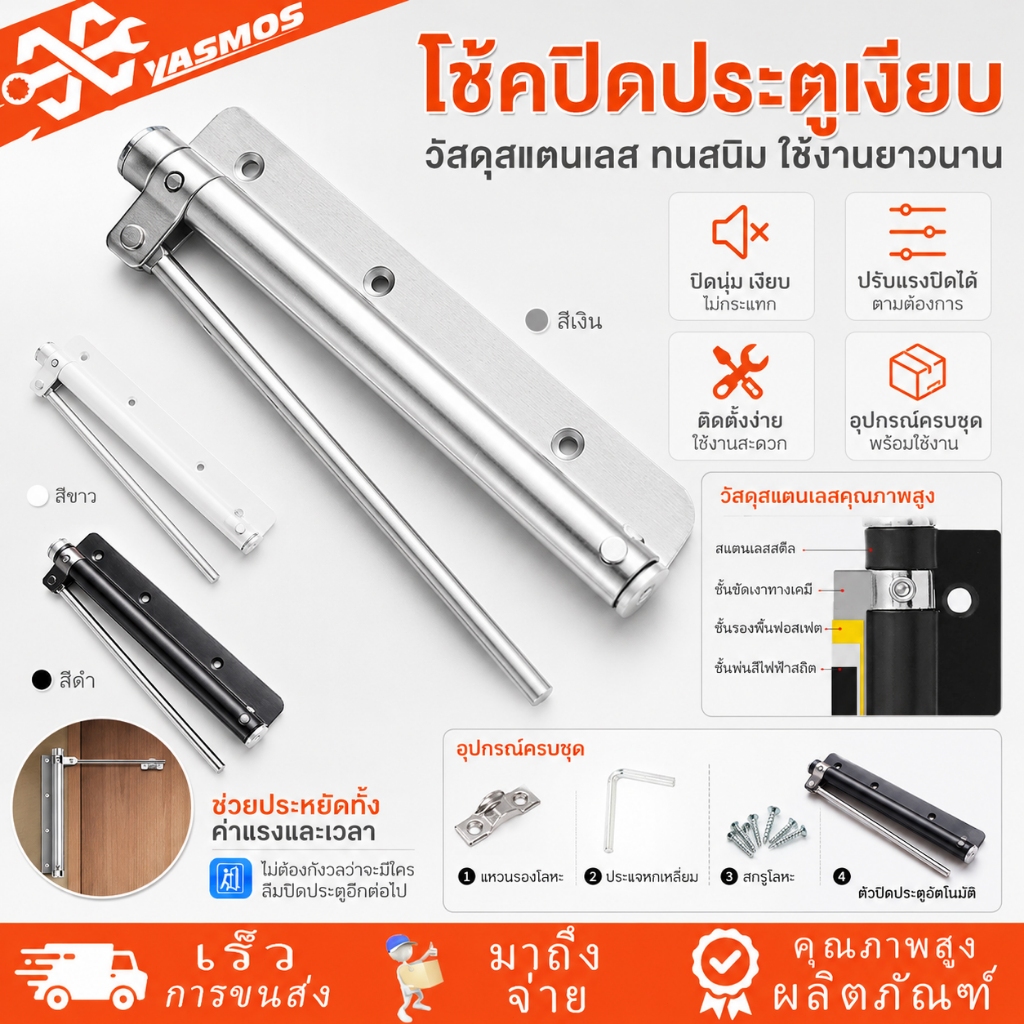 ที่ปิดประตูอัตโนมัติ โช๊คประตู บานพับสแตนเลส แข็งแรง ปรับแรงได้ ไร้เสียงรบกวน ปิดอัตโนมัติโดยไม่ใช้มือ สำหรับประตูบานพับ