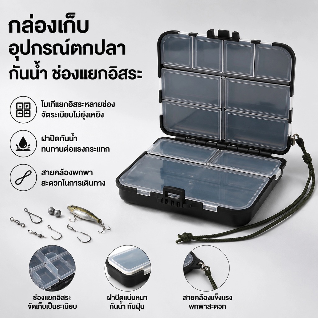 LEMO-T กล่องใส่อุปกรณ์ตกปลา 2 ชั้น กันน้ำ กล่องเก็บเบ็ด เหยื่อ ตะขอ และอุปกรณ์ตกปลา แบบพกพา แข็งแรง
