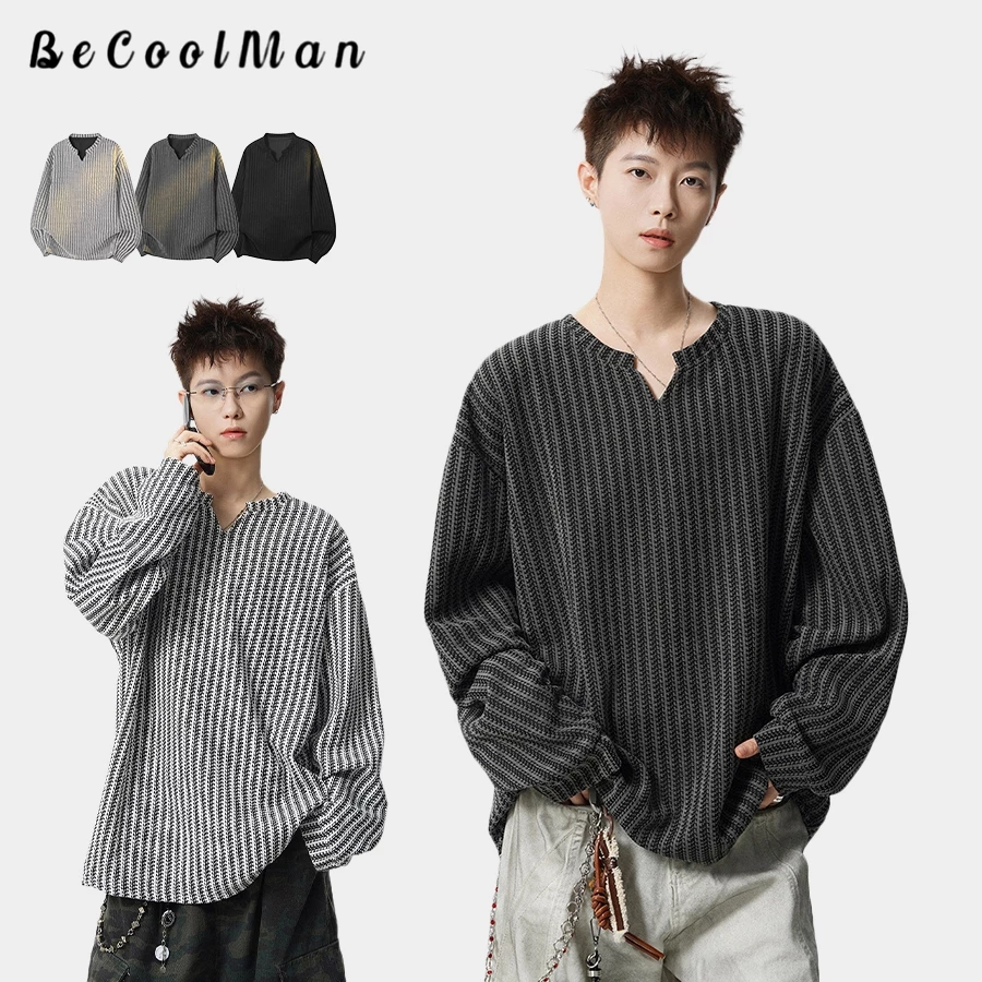 💥BecoolMan💥วินเทจสไตล์อเมริกัน คอวีแขนยาว เนื้อรูปร่างก้างปลา เสื้อยืดทรงหลวม แมทช์ง่าย คู่รัก การพักผ่อน เทรนด์