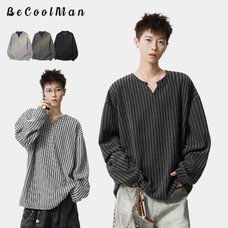 💥BecoolMan💥วินเทจสไตล์อเมริกัน คอวีแขนยาว เนื้อรูปร่างก้างปลา เสื้อยืดทรงหลวม แมทช์ง่าย คู่รัก การพักผ่อน เทรนด์