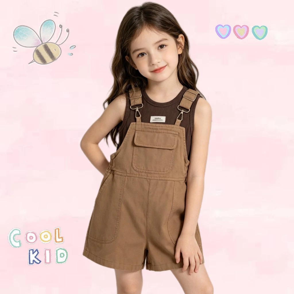 BB345 กางเกงขาสั้นสายสะพายเด็กผู้หญิง ผ้าสบายๆ เซตเสื้อกล้ามลายเรียบ ชุดไปเที่ยว